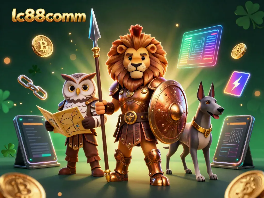 Experience gaming excitement at lc88comm with a vibrant 3D illustration showcasing a Spartan lion, owl strategist, and greyhound messenger.