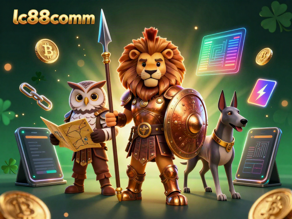 Experience gaming excitement at lc88comm with a vibrant 3D illustration showcasing a Spartan lion, owl strategist, and greyhound messenger.