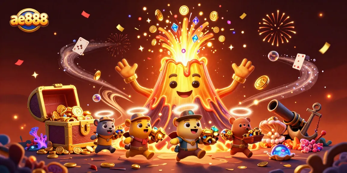 Win big with ae888 at a vibrant illustration of a golden volcano erupting treasure in a lively casino atmosphere.