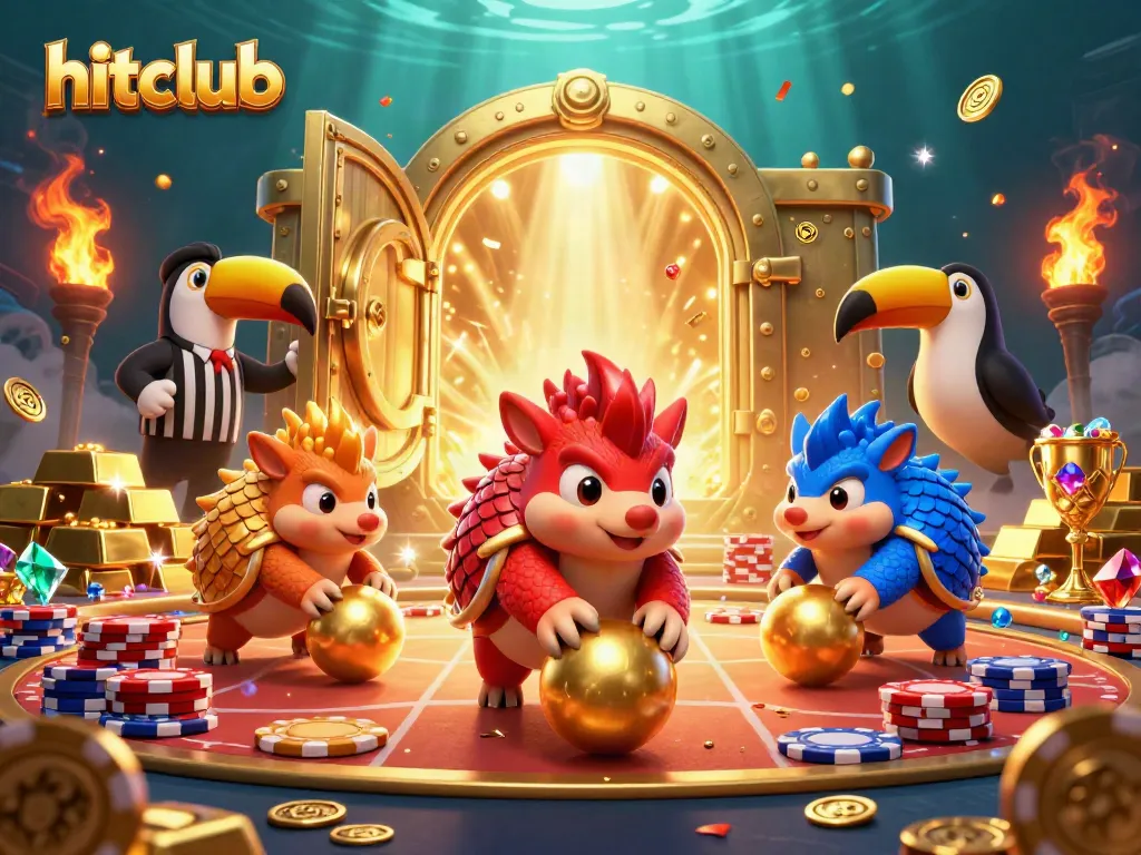 Experience thrilling gaming with hitclub as cartoon pangolins bowl through poker chips amidst a treasure vault.