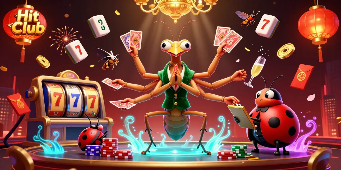 Hit Club gaming scene showcasing a giant praying mantis dealing cards and slots with vibrant casino elements