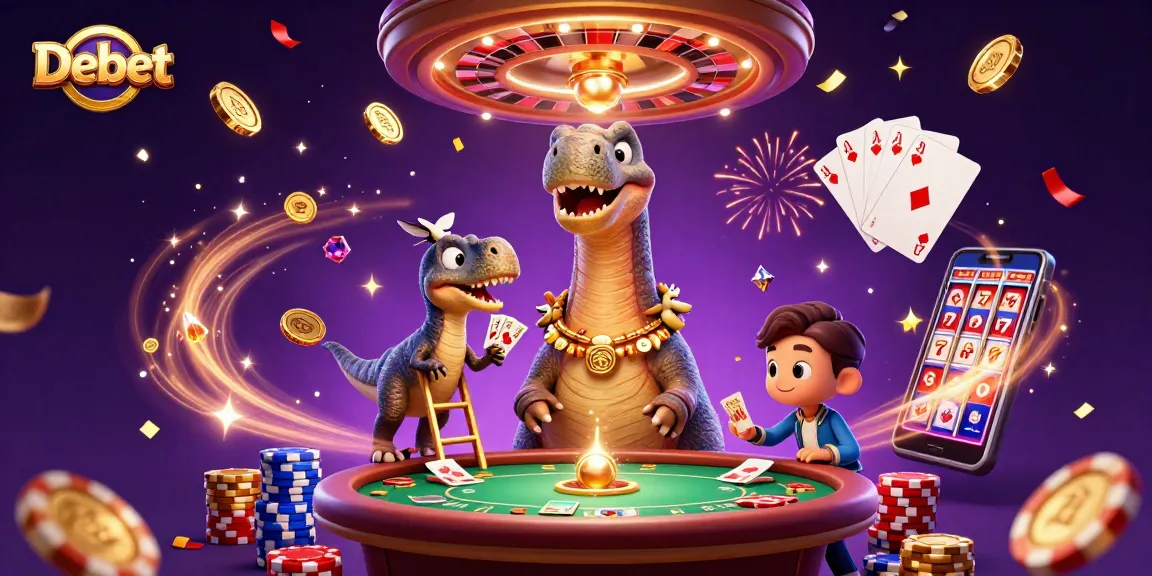 Debet casino illustration featuring a brontosaurus, raptor dealer, and poker elements for gamblers.