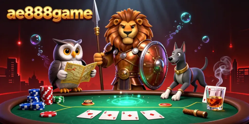 Experience a thrilling poker scene with the ae888game featuring a heroic lion, strategic owl, and swift greyhound amidst vibrant gambling elements.