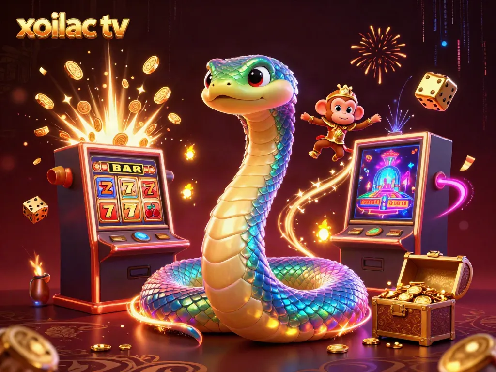 Xoilac TV showcases vibrant 3D casino adventure, featuring colorful characters and dynamic gaming elements.