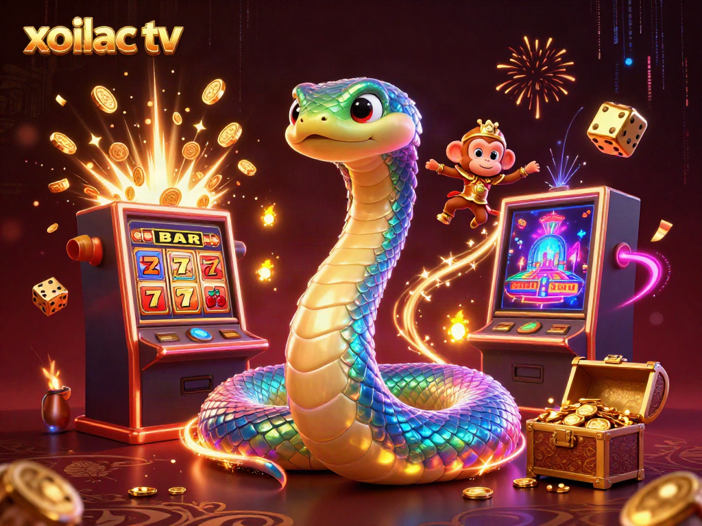 Xoilac TV showcases vibrant 3D casino adventure, featuring colorful characters and dynamic gaming elements.