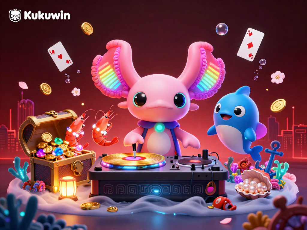 Kukuwin captures the vibrant energy of underwater casino fun with a neon axolotl DJ and lively sea creatures.