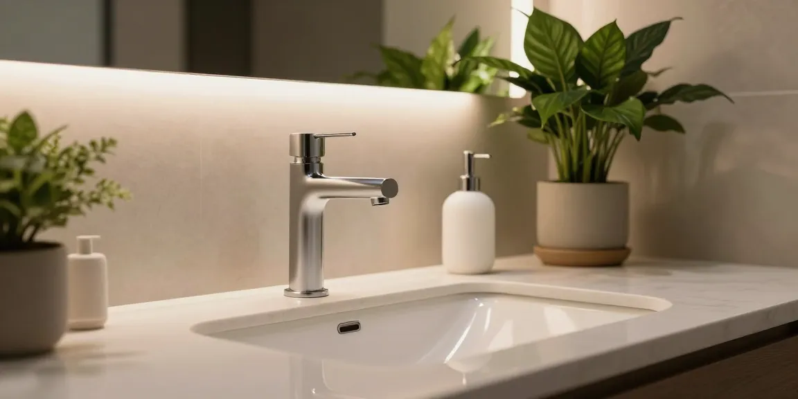 Moderne wastafelkraan installatie in een stijlvolle badkamer met warme sfeer.
