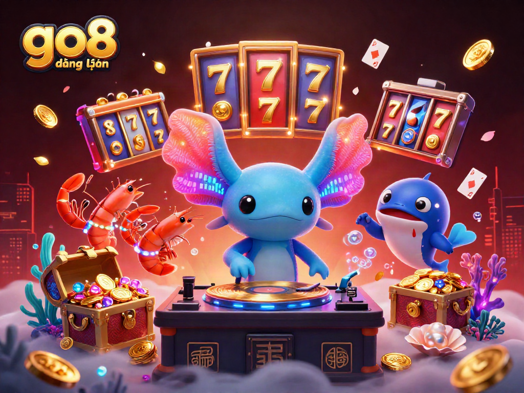 Engage in thrilling fun with go8 đăng nhập as the colorful axolotl DJ spins dynamic casino action in a vibrant underwater scene.