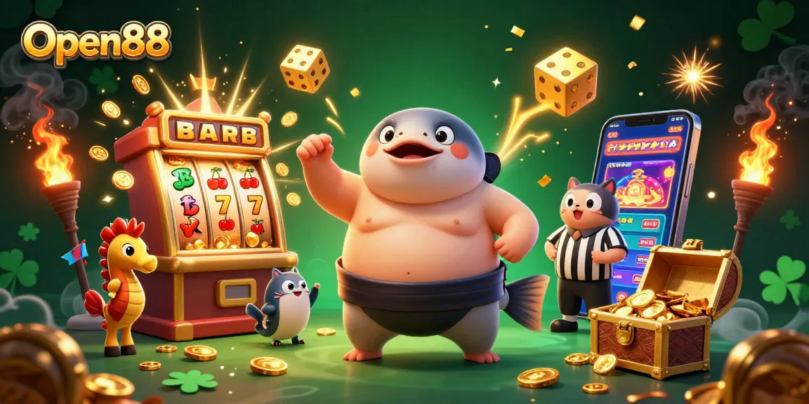 Open88 showcases an underwater casino scene with a fugu and catfish referee amidst jackpot action.