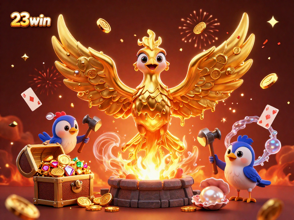 Engage in thrilling gameplay at 23win with a captivating golden phoenix illustration showcasing vibrant casino elements.