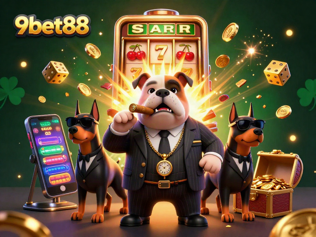 Experience thrilling wins with 9bet88 in this dynamic casino scene featuring a mafia bulldog and slot machine.