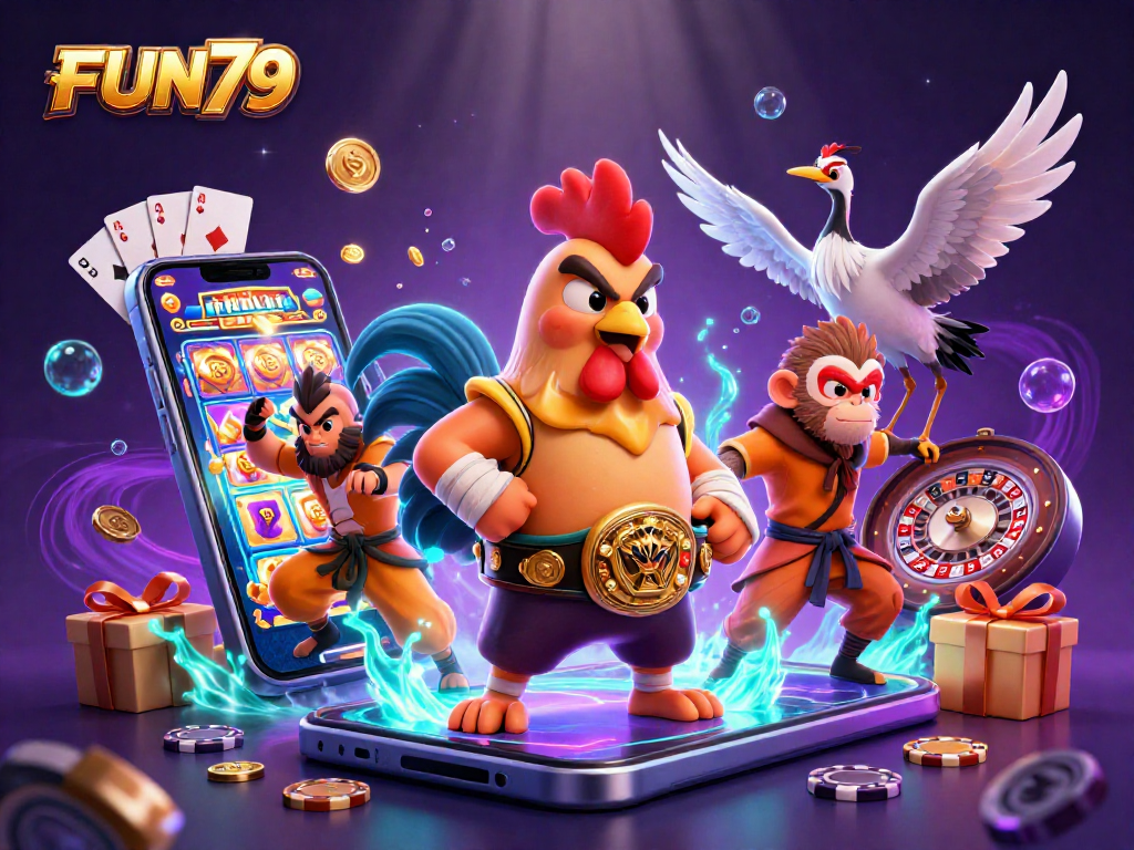 Join the excitement at FUN79 with a colorful slot game scene featuring a Muay Thai rooster and martial artists.
