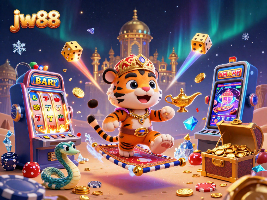 Experience thrilling gaming at JW88 with a vibrant 3D casino scene featuring iconic symbols and action.