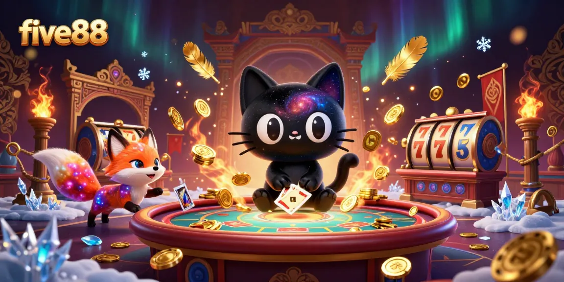 Experience excitement with five88's cosmic casino illustration featuring unique characters and vibrant gaming elements.