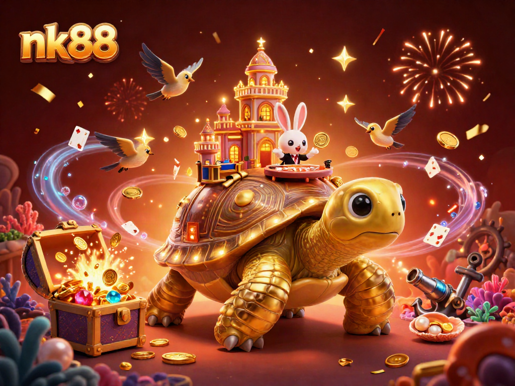 Experience thrilling action at nk88 casino with a golden tortoise, rabbit dealer, and flying coins!