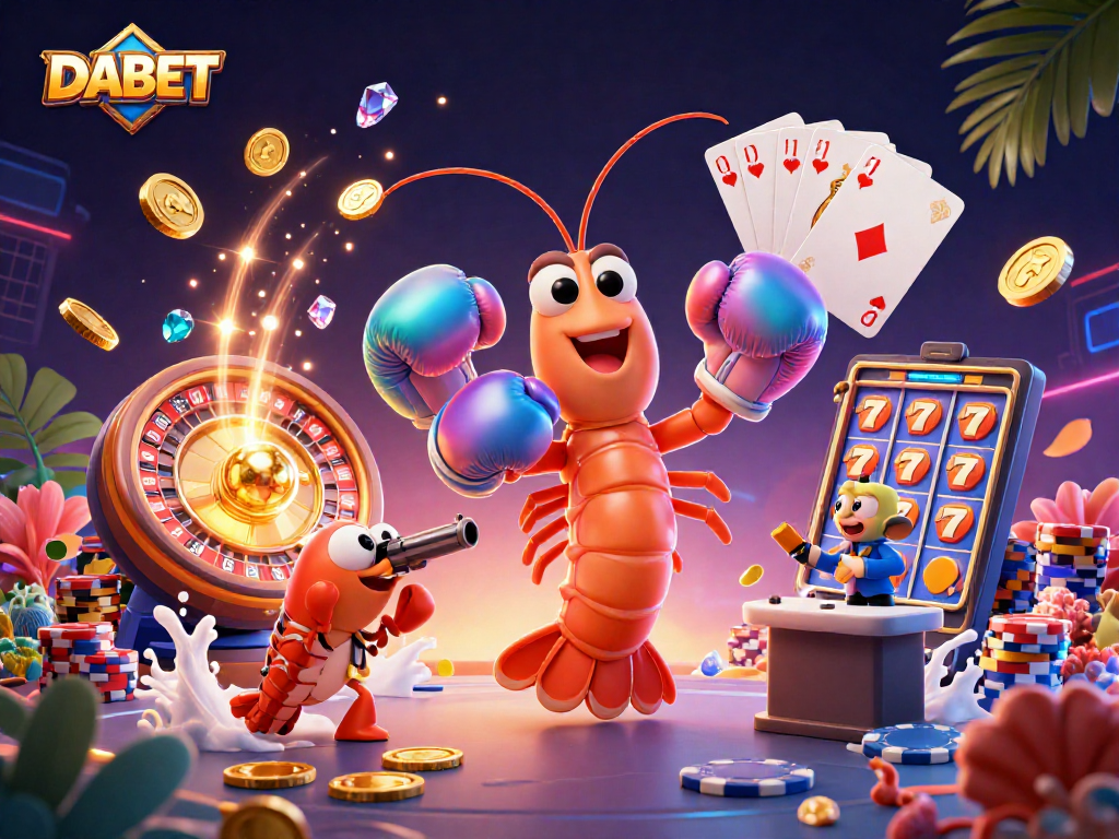DABET offers an exciting online gaming experience with vibrant casino elements and lively characters.