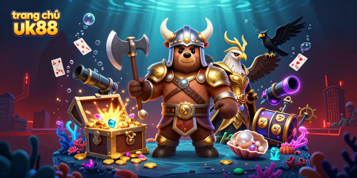 Engage in thrilling gameplay on trang chủ uk88 surrounded by a Viking bear, Valkyrie eagle, and animated slot elements.