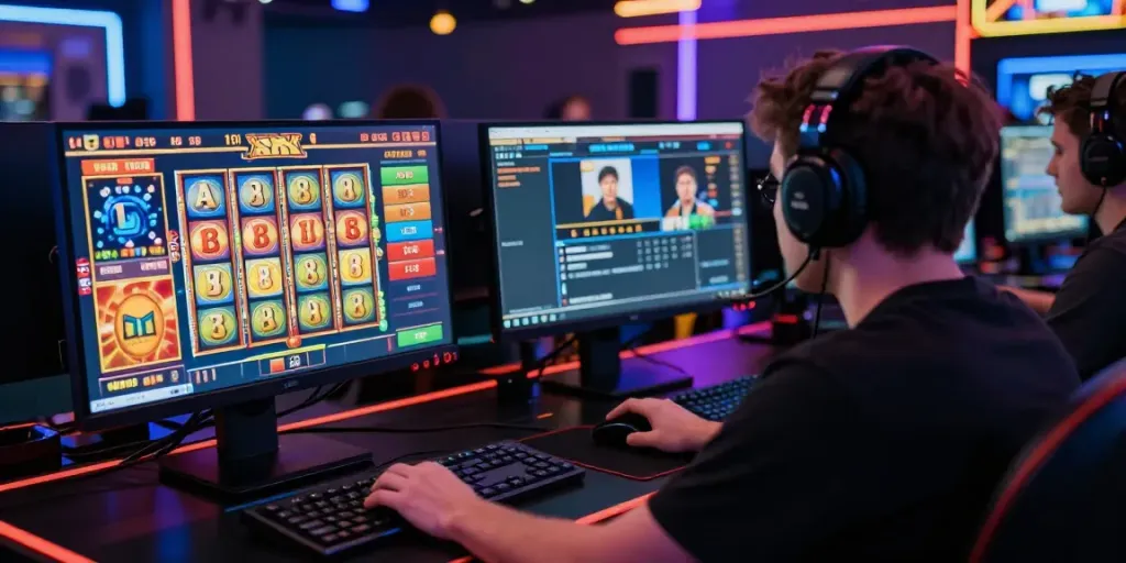 Pengguna slot88 bermain di meja gaming dengan monitor berwarna cerah dan aksesori permainan teratur, menciptakan suasana menarik.
