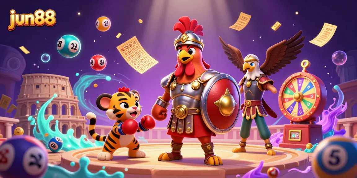 Bet on excitement with jun88 as a 3D gladiator rooster leads an energetic lottery scene.