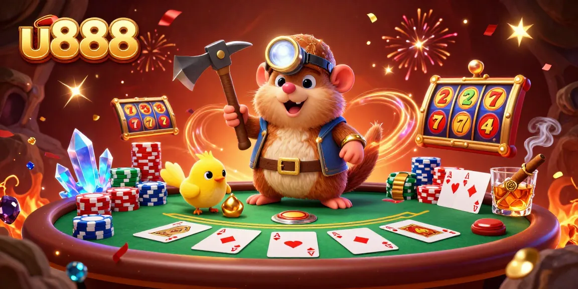 Experience the excitement of u888 with treasure hunter mole and poker elements in a vibrant casino scene.