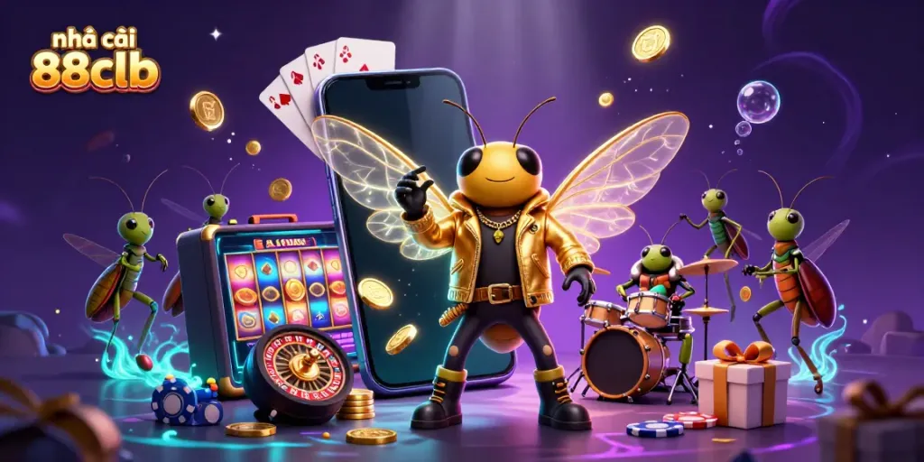 Engage with nhà cái 88clb through a vibrant digital illustration of a rock star and gambling elements.