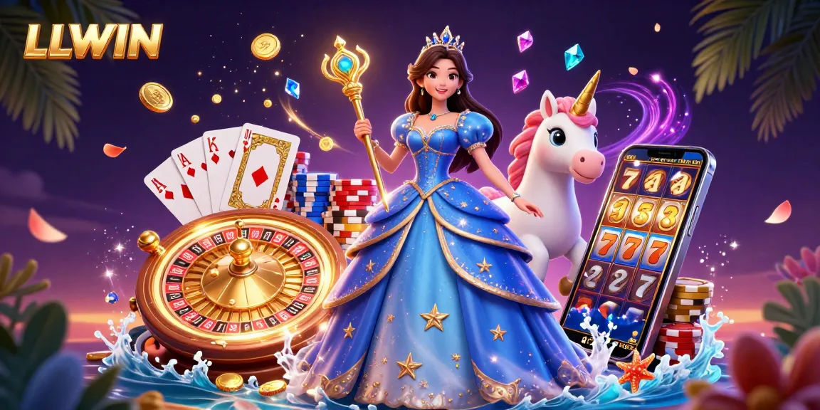 Win big with LLWIN in this vibrant 3D casino scene showcasing dynamic game elements and magical visuals.