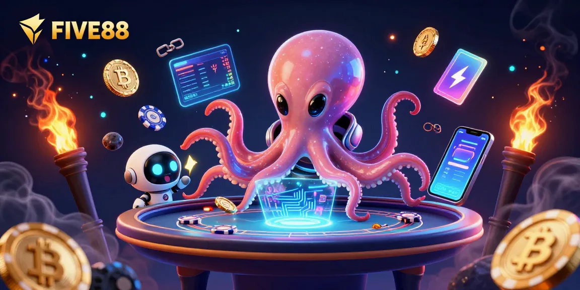 Engage with thrilling games at FIVE88 featuring a 3D cartoon alien octopus at a poker table.