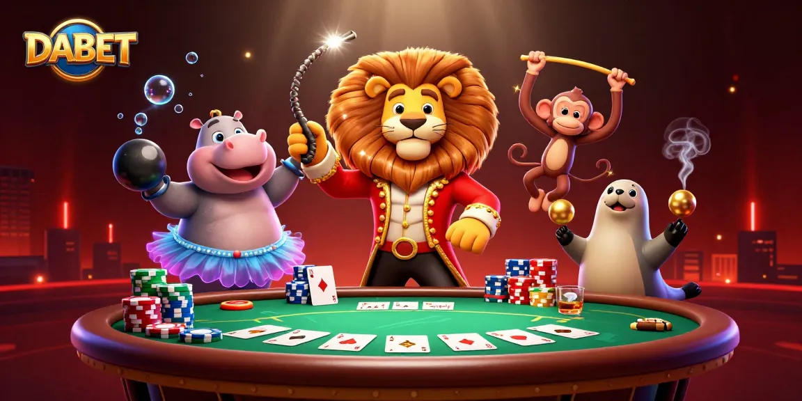 DABET showcases a vibrant 3D circus casino scene with a lion and colorful game elements for thrilling action.