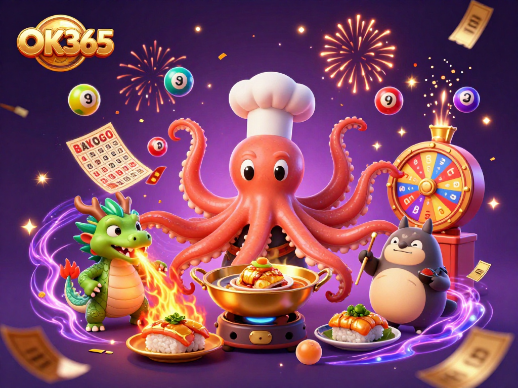 Engage with OK365 as the octopus chef creates golden dishes amidst a lively casino scene.