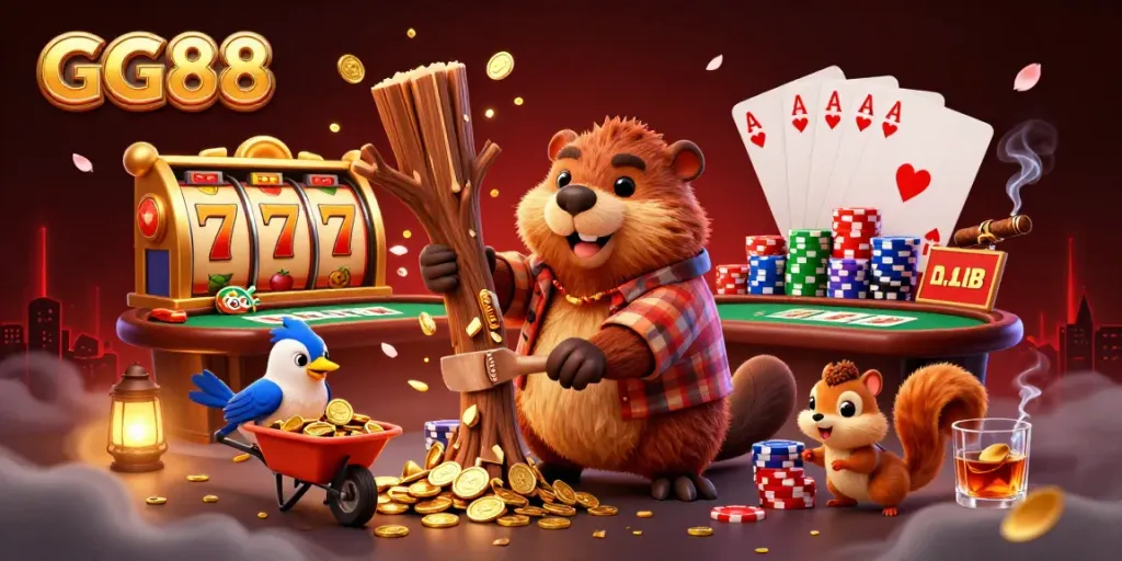Experience thrilling wins with GG88 as coins rain down in this vibrant casino illustration
