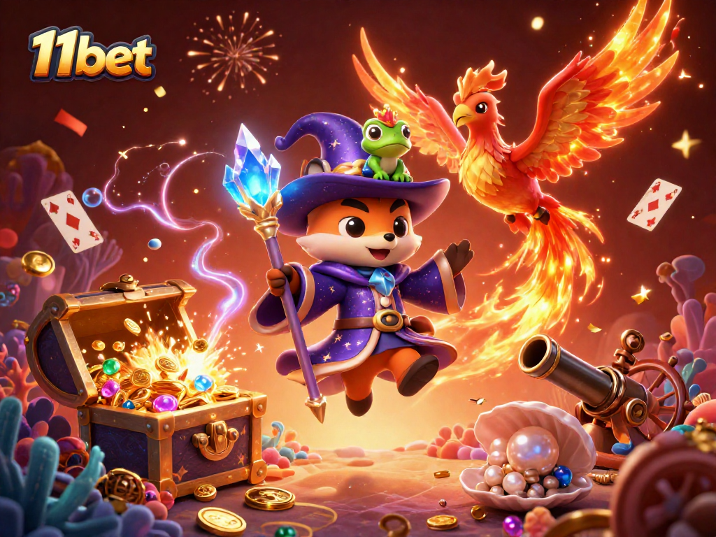 Experience the thrilling 11bet gaming scene with a whimsical wizard and lucky symbols.