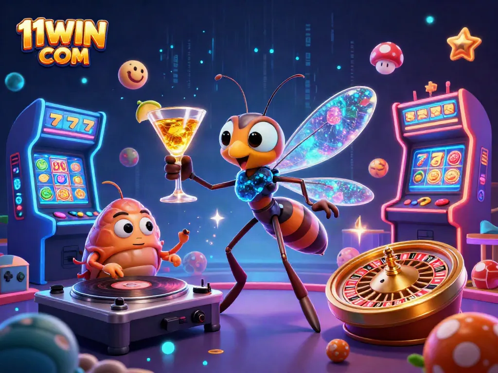 Engage with 11WIN COM through an exciting casino-themed scene showcasing vivid characters and games.