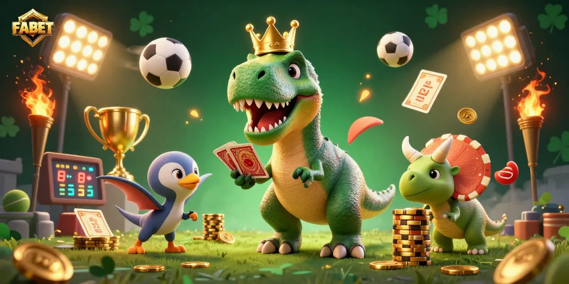 Bet big at FABET with friendly dinosaurs shuffling cards and stacking chips in a vibrant casino scene