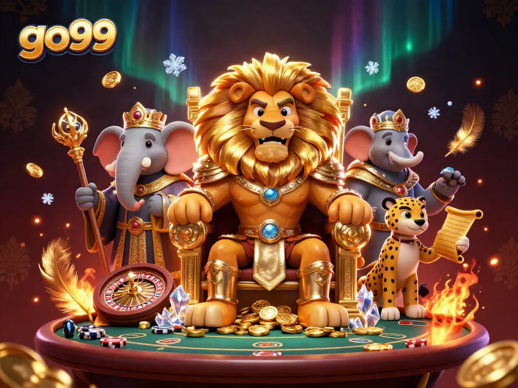 Experience the thrill of go99 with vibrant casino scenes featuring a lion king, elephant advisor, and cheetah messenger.