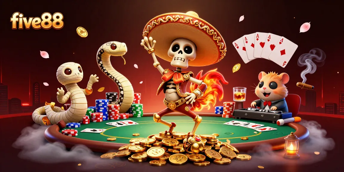 Experience vibrant five88 casino excitement with a animated mariachi skeleton dancing on golden coins.