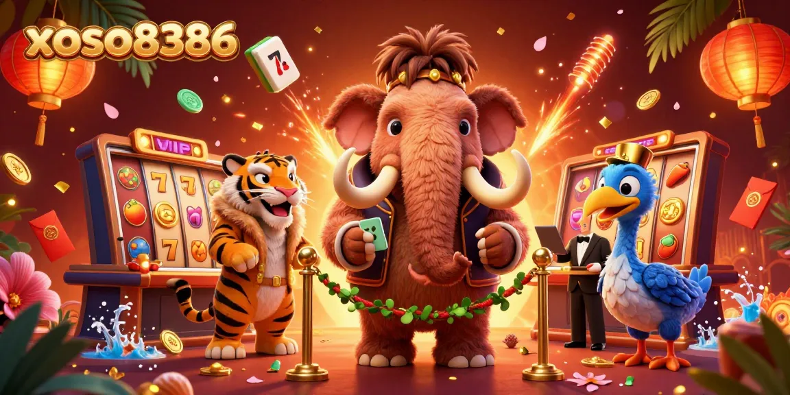 Experience vibrant casino action with xoso8386's character-filled illustration featuring a mammoth bouncer, saber-tooth guest, and vivid slot reels.