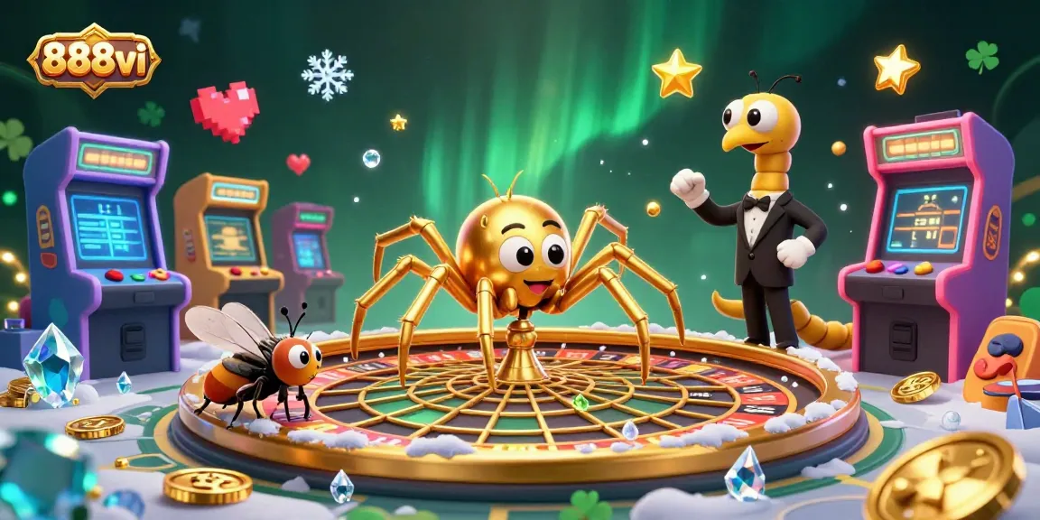 Place bets with 888vi's golden web roulette, featuring vibrant arcade elements and a lively casino atmosphere.