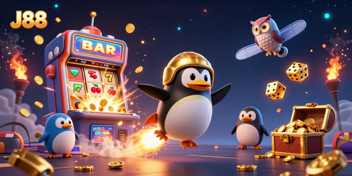 Experience the excitement of J88 with a golden penguin navigating a dazzling casino universe.