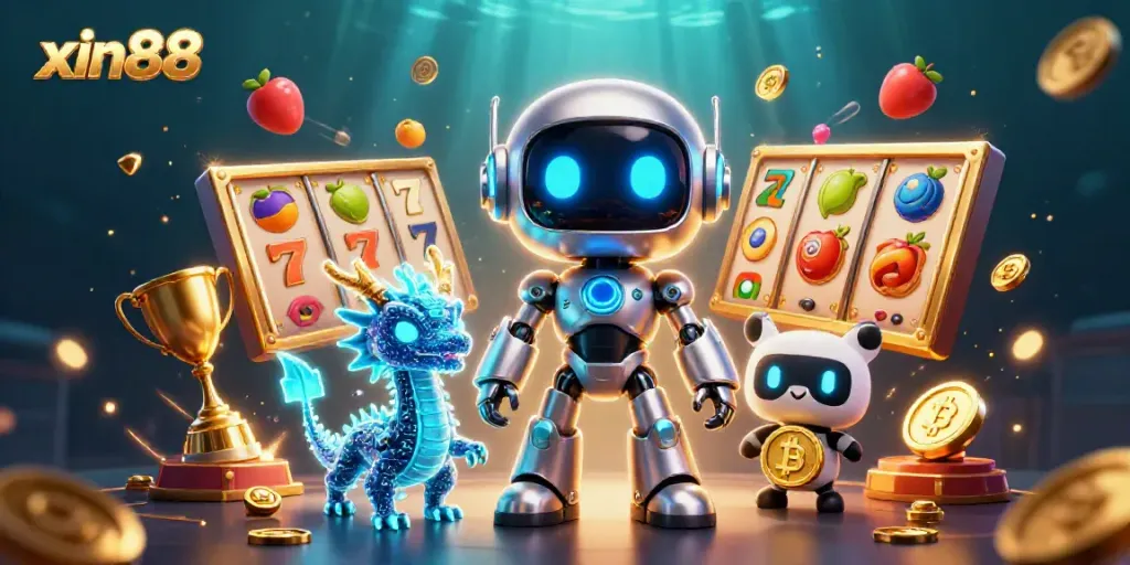 Experience the excitement of xin88 with a vibrant 3D cartoon scene of slots, robots, and colorful jackpot elements.