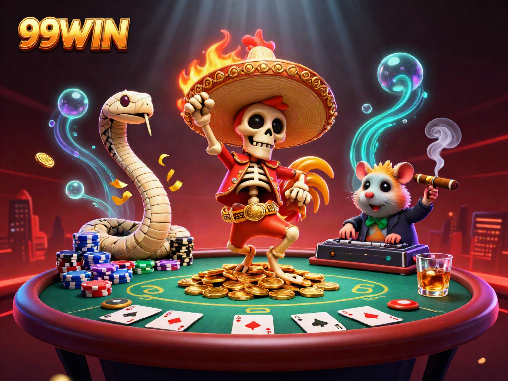 Engage with 99WIN as a 3D mariachi rooster dances amid vibrant casino scenes.