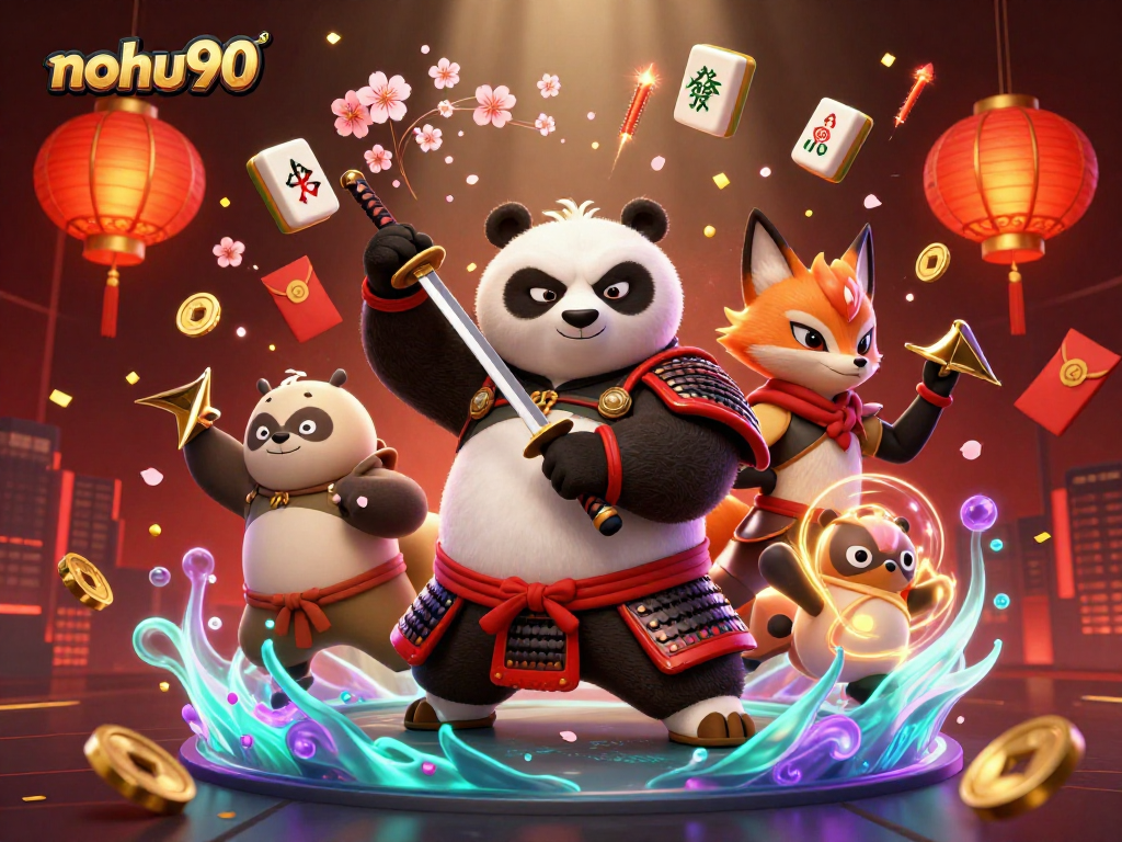 Experience nohu90's thrilling casino scene with samurai panda and ninja fox in action.
