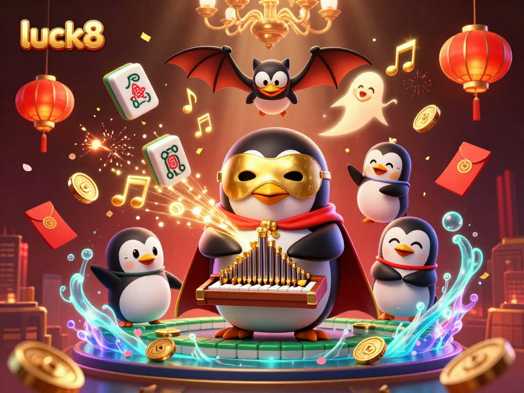 Experience luck8's vibrant casino world with a 3D penguin organist and golden delights.