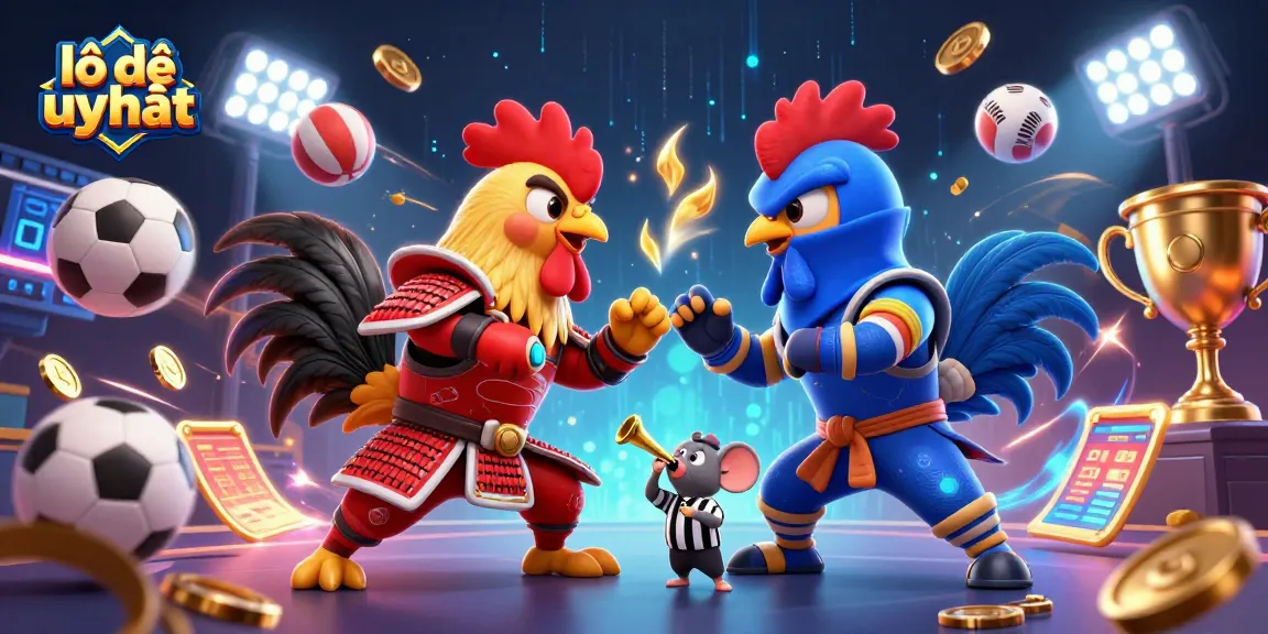 Experience lô đề uy tín in this thrilling standoff between samurai and ninja roosters amidst dynamic sports elements.
