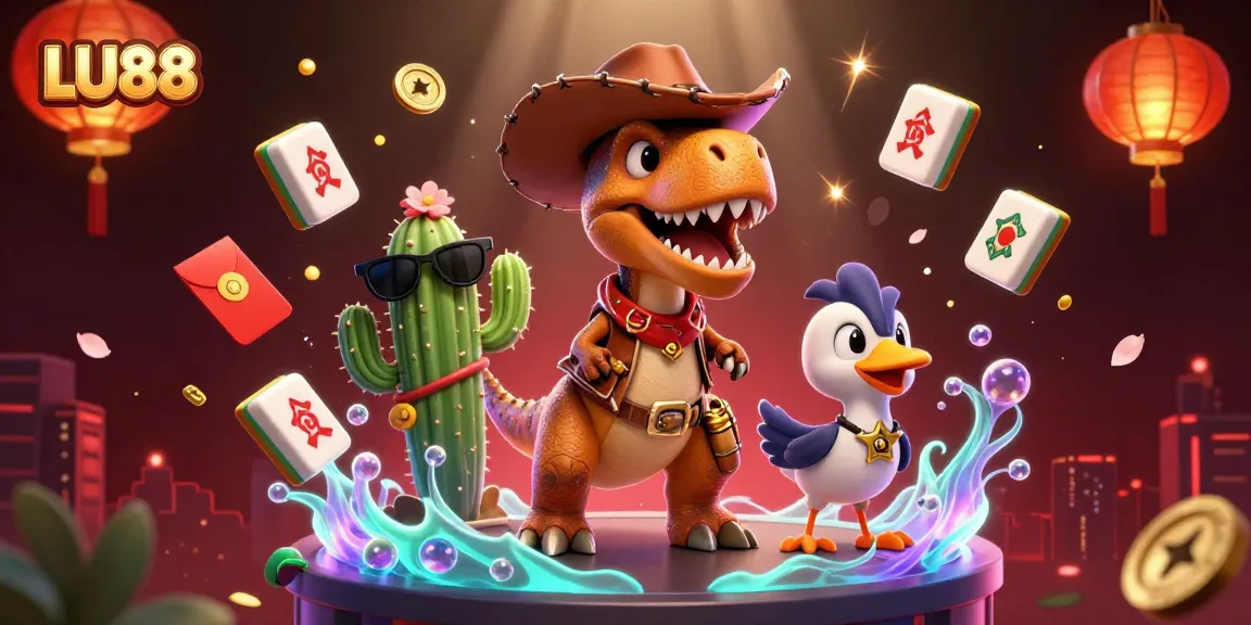 LU88 offers exciting gambling experiences with a T-Rex and friends in a vibrant casino setting.