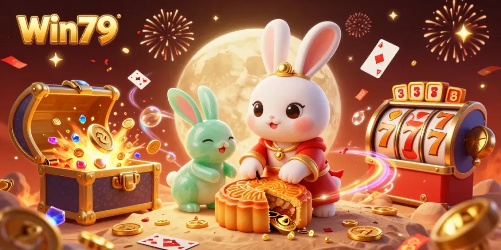 Experience the thrill of Win79 with a vibrant illustration showcasing a moon rabbit, poker chips, and festive gaming elements.