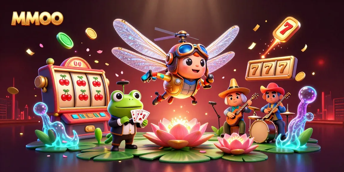 MMOO-themed casino illustration with dragonfly pilot, frog dealer, and vibrant gaming elements.