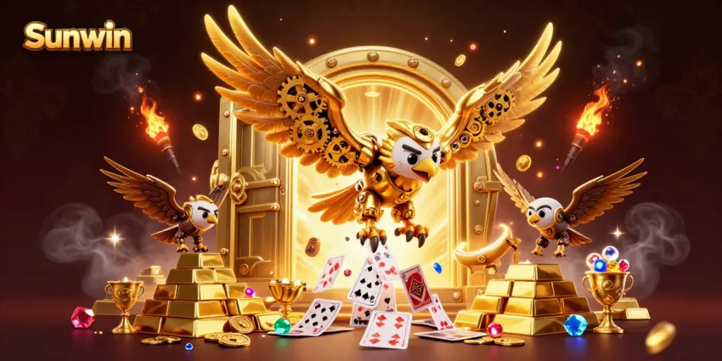 Experience the excitement of Sunwin with a dynamic scene featuring a cybernetic golden eagle amidst treasures and holographic cards.