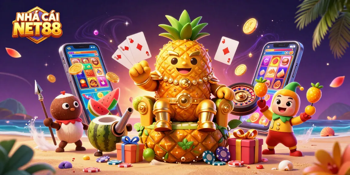 Join the fun with NHÀ CÁI NET88 as a golden pineapple king rules the vibrant casino scene.