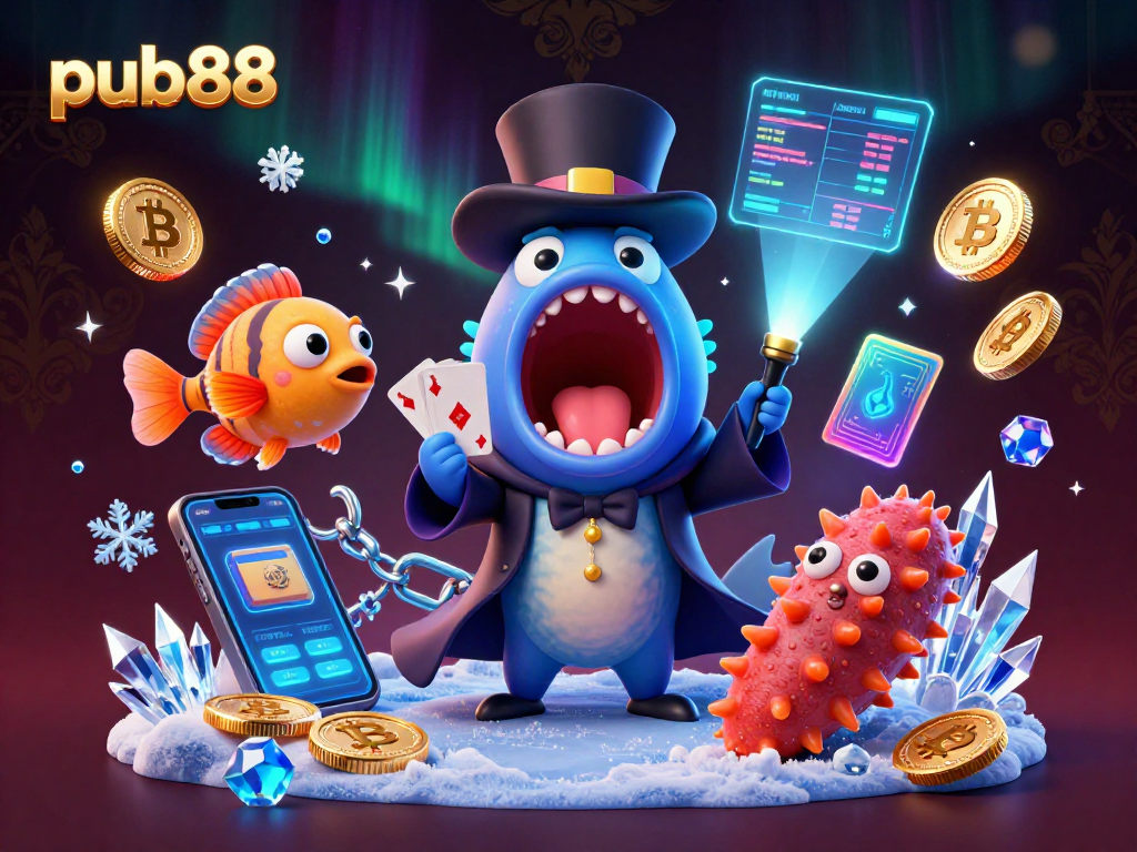Experience the thrill of pub88 with a bioluminescent eel magician enchanting players through card tricks.