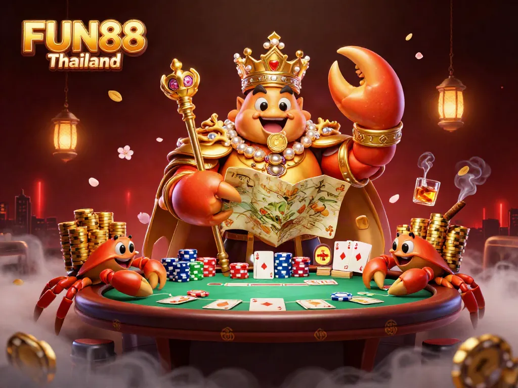 Engage in strategic gameplay with FUN88 Thailand's vibrant casino scene featuring a golden crab emperor.